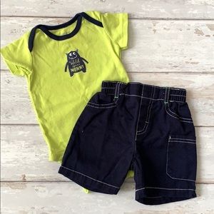 Carters 3m Baby Boy Green Onesie Navy Blue Shorts Summer Outfit Monster